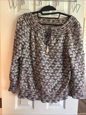 Tory Burch Navy, Cream & Orange Striped Smocked Top with Tie Neck